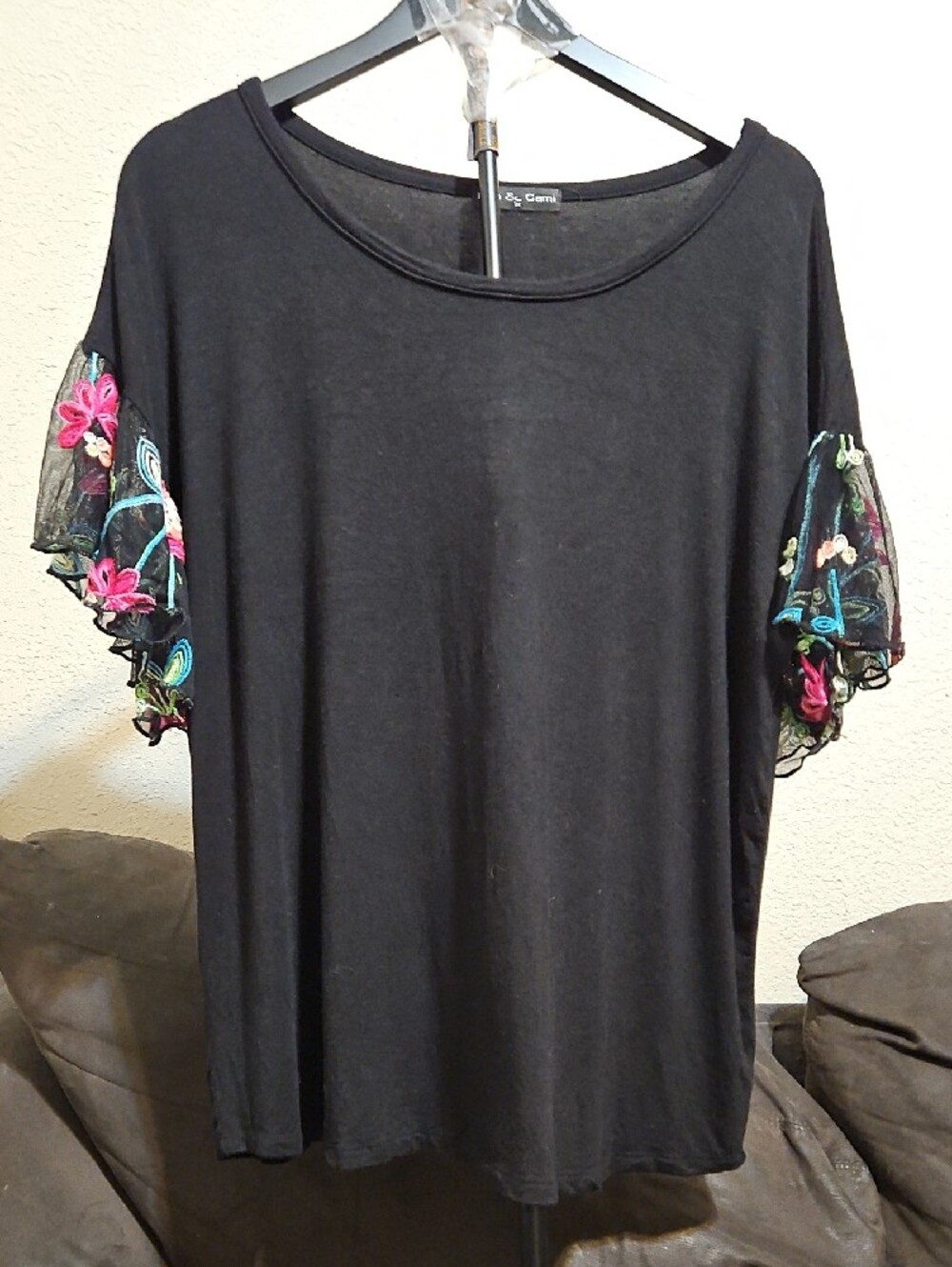 Kim & Cami Black Short Sleeve Top with Embroidered Flutter Sleeves